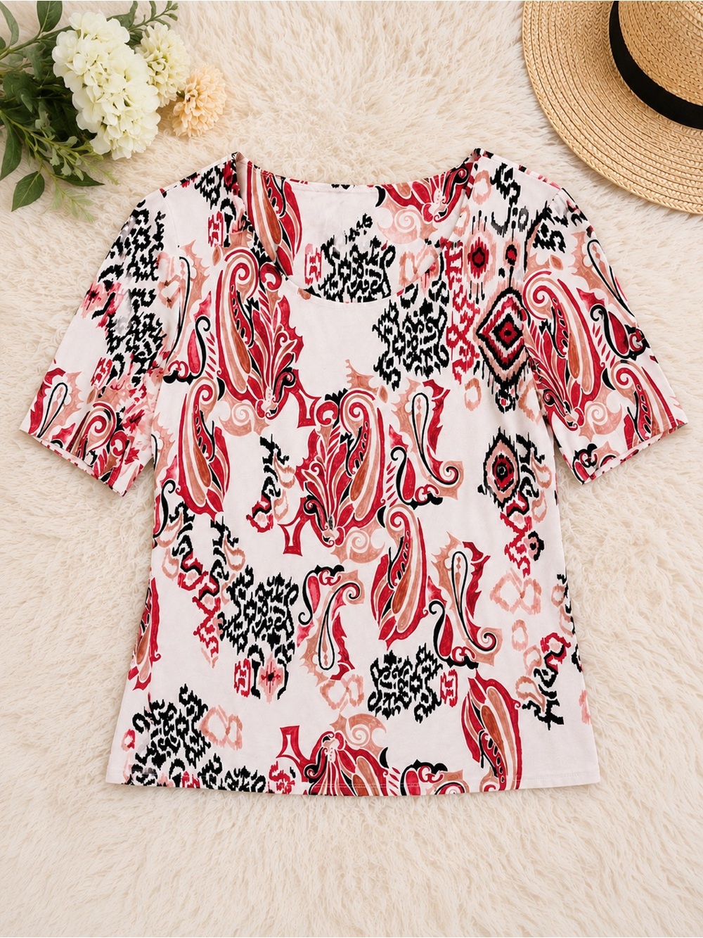 Chico’s Paisley Print Top | Pink Black White Stretch Knit Blouse Size 1 (Medium)